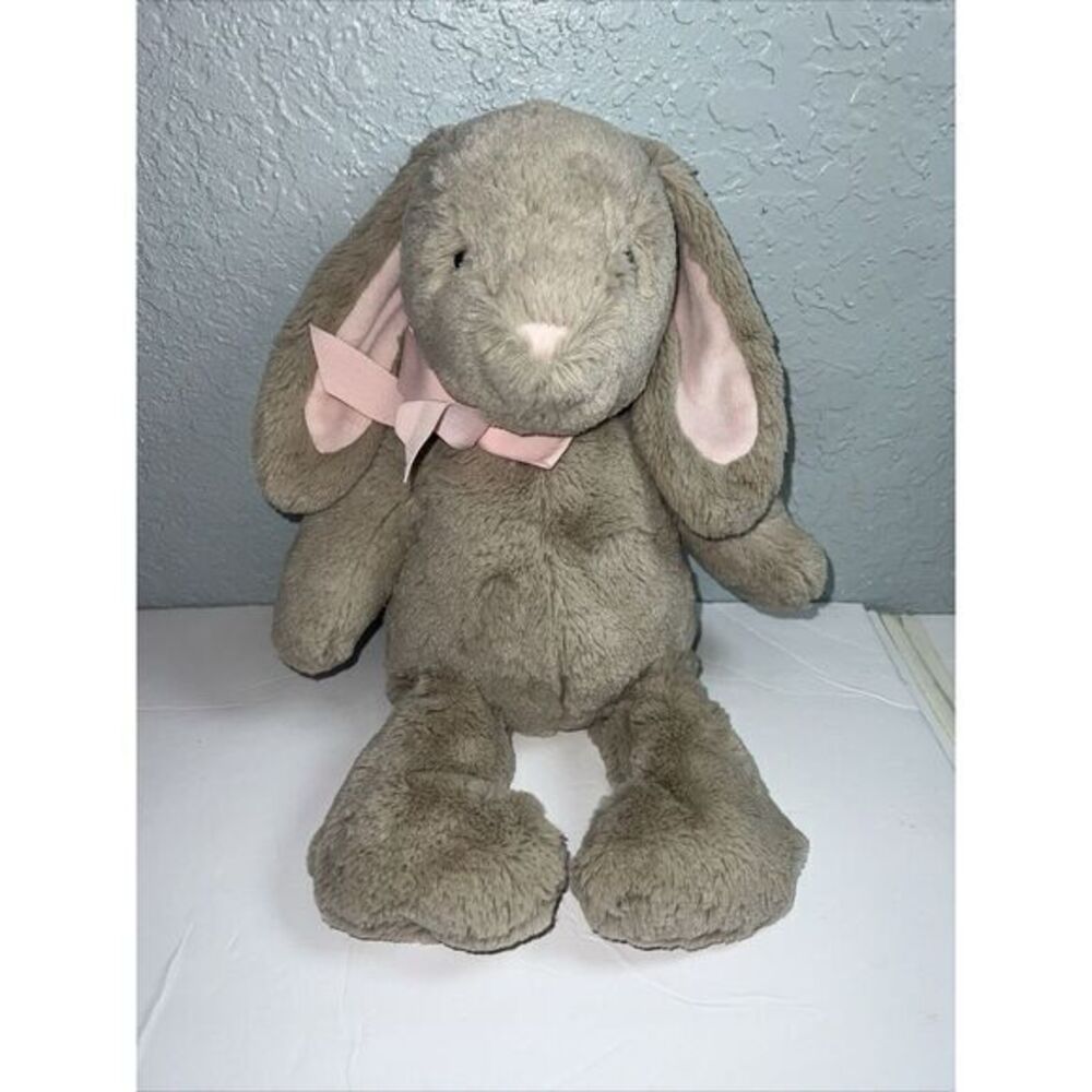 Pottery Barns Kids Light Gray Bunny Rabbit Plush 16" Stuffed Animal‎ Pink Nose
